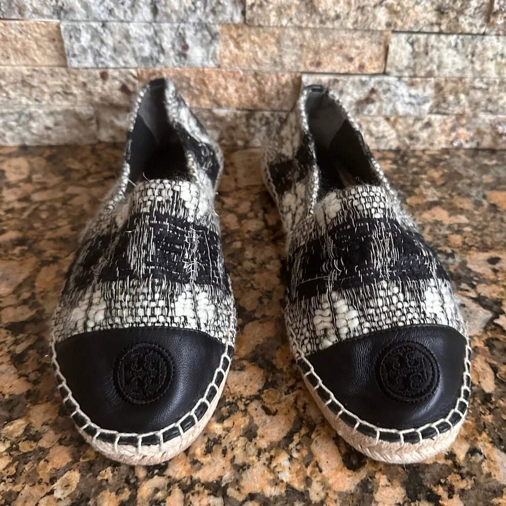 Tory Burch Wool Color Block Flat Espadrille White/Black- leather